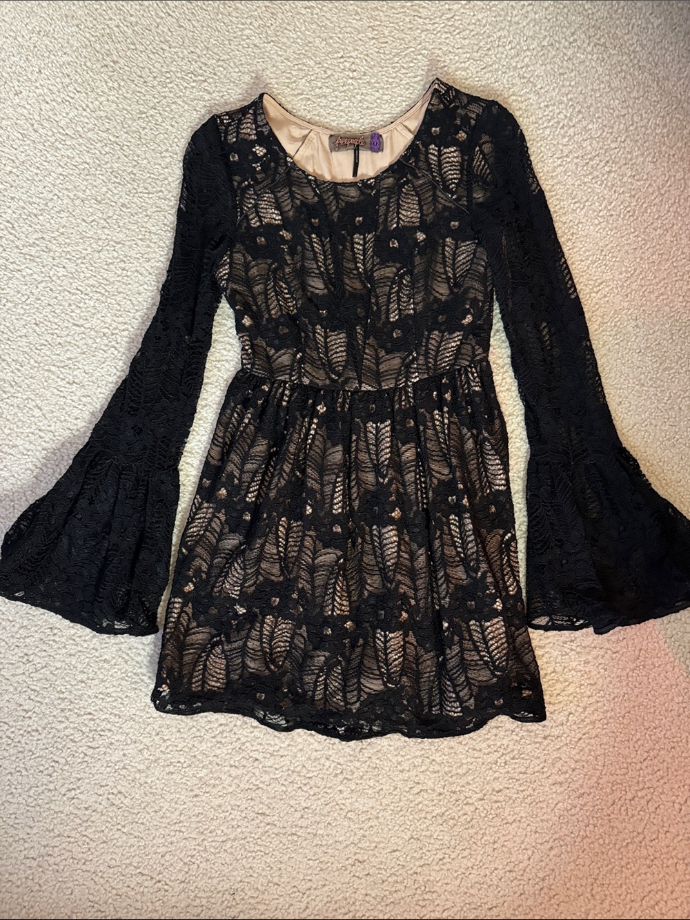 Free People Black Lace Bell-Sleeve Long Sleeve Dress
